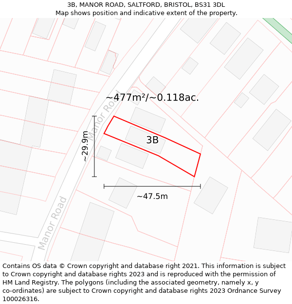 3B, MANOR ROAD, SALTFORD, BRISTOL, BS31 3DL: Plot and title map