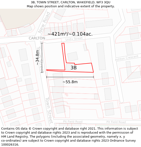 3B, TOWN STREET, CARLTON, WAKEFIELD, WF3 3QU: Plot and title map