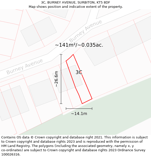 3C, BURNEY AVENUE, SURBITON, KT5 8DF: Plot and title map