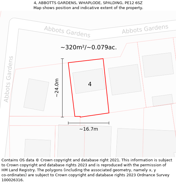 4, ABBOTTS GARDENS, WHAPLODE, SPALDING, PE12 6SZ: Plot and title map