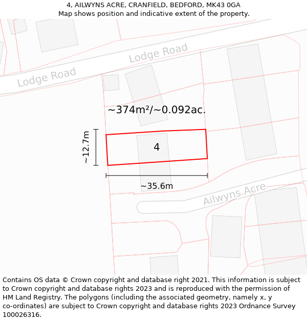 4, AILWYNS ACRE, CRANFIELD, BEDFORD, MK43 0GA: Plot and title map