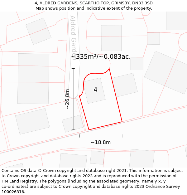 4, ALDRED GARDENS, SCARTHO TOP, GRIMSBY, DN33 3SD: Plot and title map