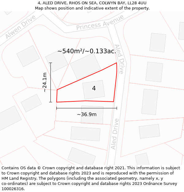 4, ALED DRIVE, RHOS ON SEA, COLWYN BAY, LL28 4UU: Plot and title map