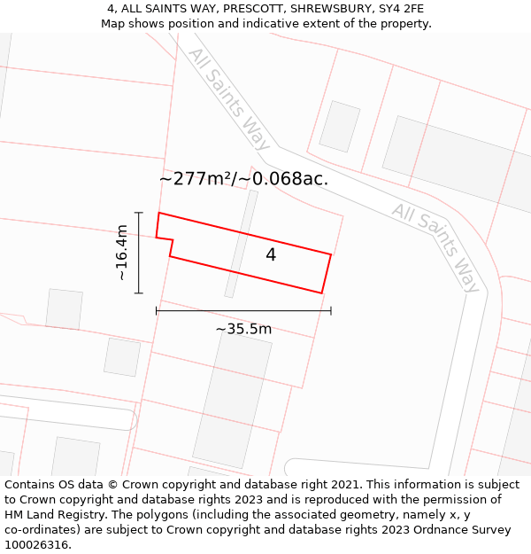 4, ALL SAINTS WAY, PRESCOTT, SHREWSBURY, SY4 2FE: Plot and title map