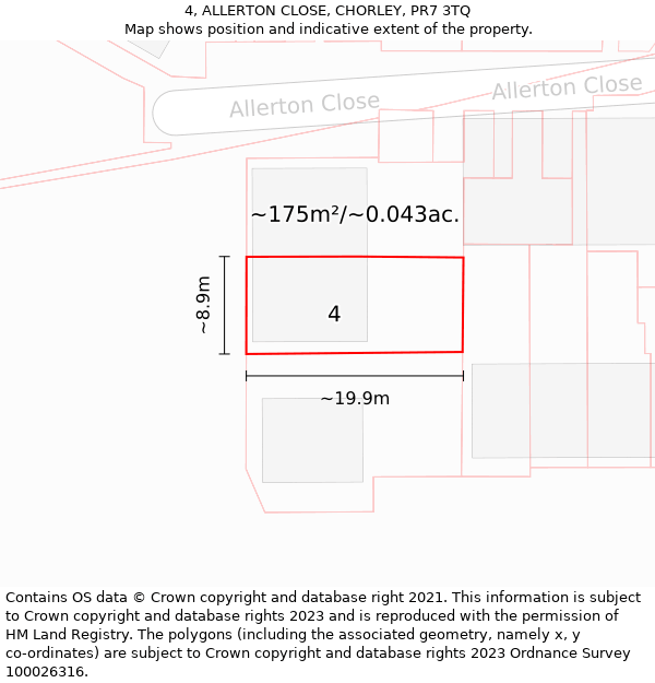 4, ALLERTON CLOSE, CHORLEY, PR7 3TQ: Plot and title map