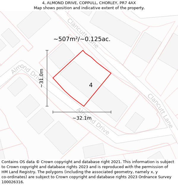 4, ALMOND DRIVE, COPPULL, CHORLEY, PR7 4AX: Plot and title map