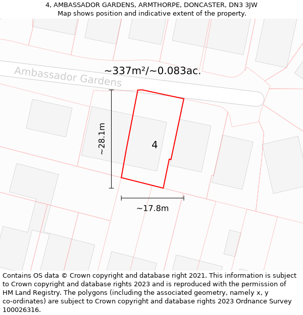 4, AMBASSADOR GARDENS, ARMTHORPE, DONCASTER, DN3 3JW: Plot and title map