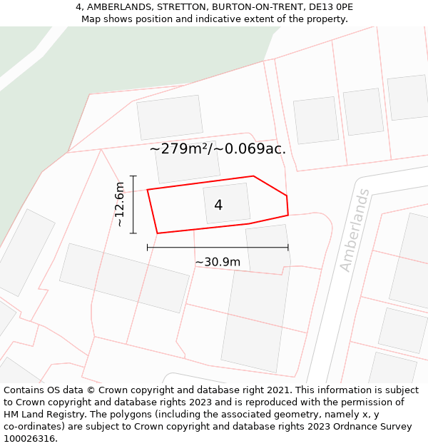 4, AMBERLANDS, STRETTON, BURTON-ON-TRENT, DE13 0PE: Plot and title map