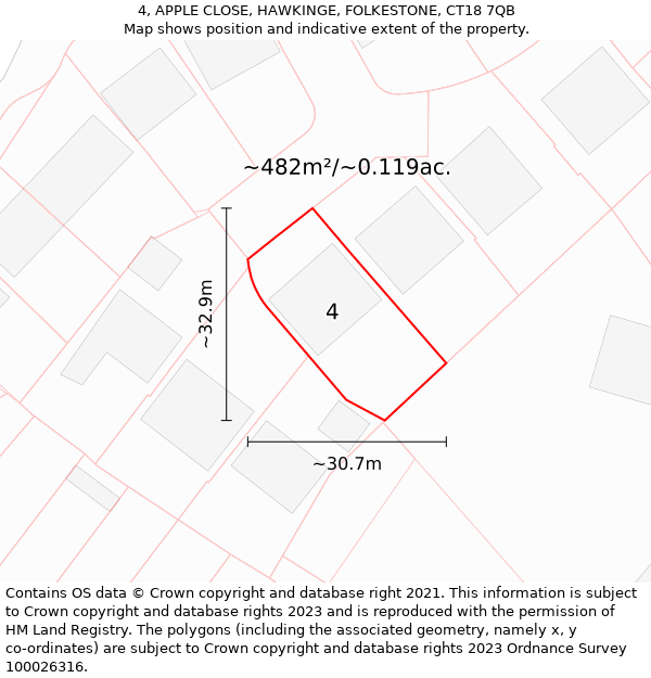 4, APPLE CLOSE, HAWKINGE, FOLKESTONE, CT18 7QB: Plot and title map