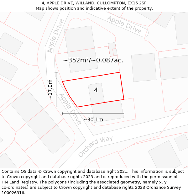 4, APPLE DRIVE, WILLAND, CULLOMPTON, EX15 2SF: Plot and title map