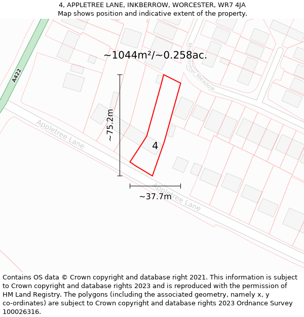 4, APPLETREE LANE, INKBERROW, WORCESTER, WR7 4JA: Plot and title map