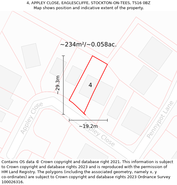 4, APPLEY CLOSE, EAGLESCLIFFE, STOCKTON-ON-TEES, TS16 0BZ: Plot and title map