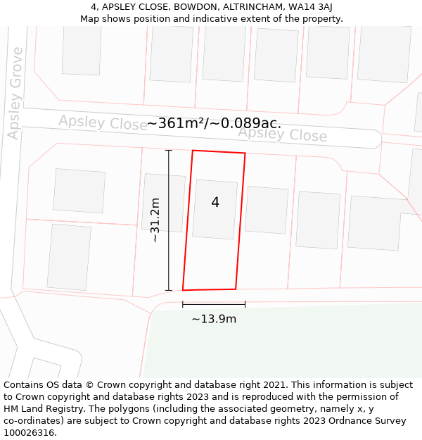 4, APSLEY CLOSE, BOWDON, ALTRINCHAM, WA14 3AJ: Plot and title map