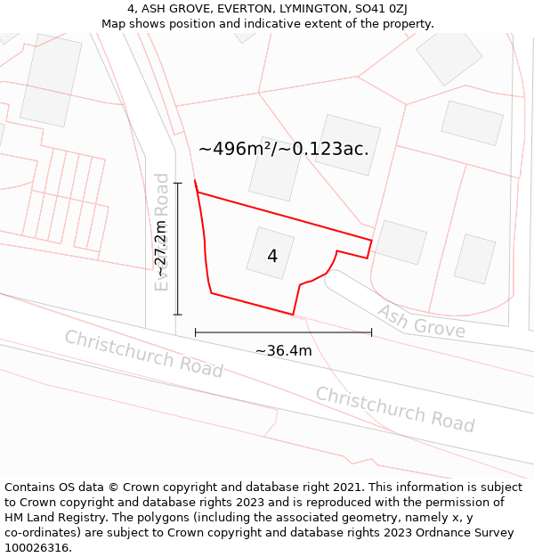 4, ASH GROVE, EVERTON, LYMINGTON, SO41 0ZJ: Plot and title map