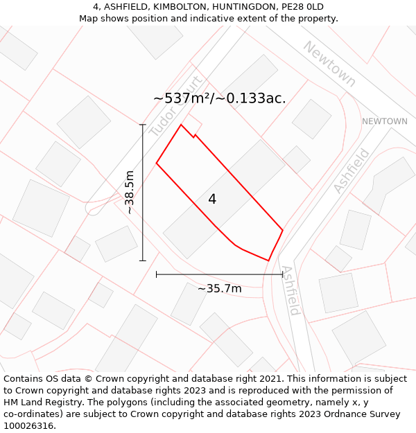 4, ASHFIELD, KIMBOLTON, HUNTINGDON, PE28 0LD: Plot and title map