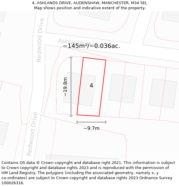 4, ASHLANDS DRIVE, AUDENSHAW, MANCHESTER, M34 5EL: Plot and title map