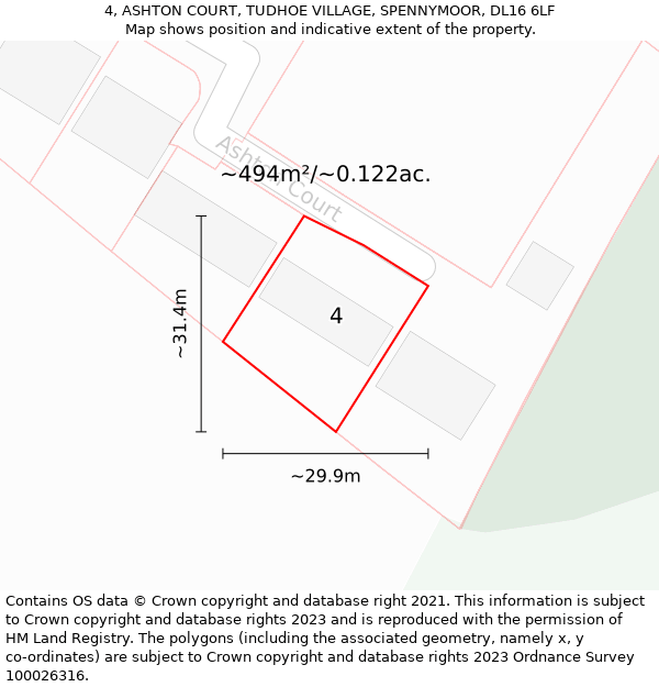 4, ASHTON COURT, TUDHOE VILLAGE, SPENNYMOOR, DL16 6LF: Plot and title map