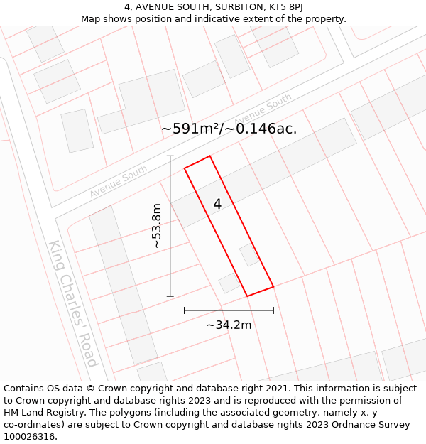 4, AVENUE SOUTH, SURBITON, KT5 8PJ: Plot and title map