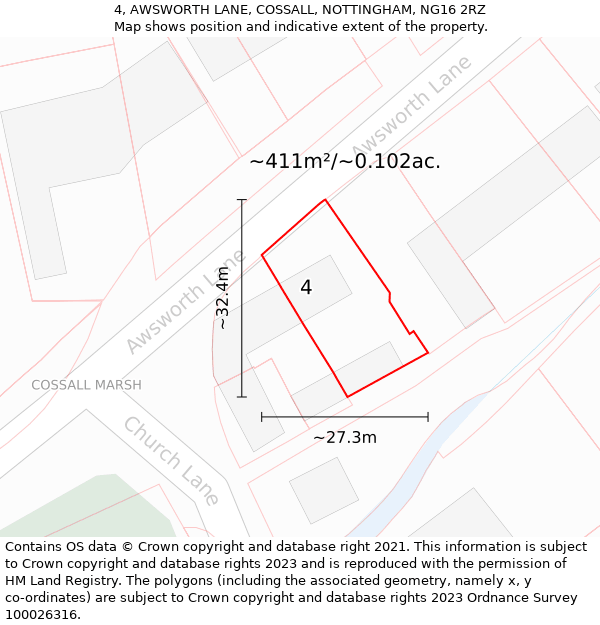 4, AWSWORTH LANE, COSSALL, NOTTINGHAM, NG16 2RZ: Plot and title map