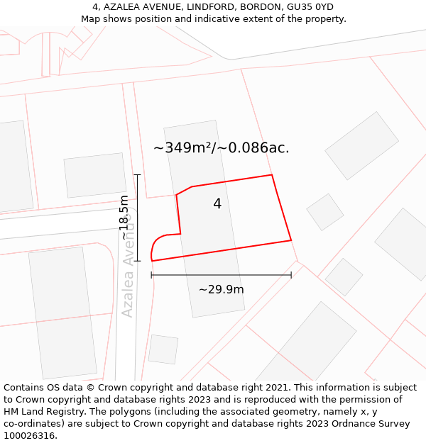 4, AZALEA AVENUE, LINDFORD, BORDON, GU35 0YD: Plot and title map