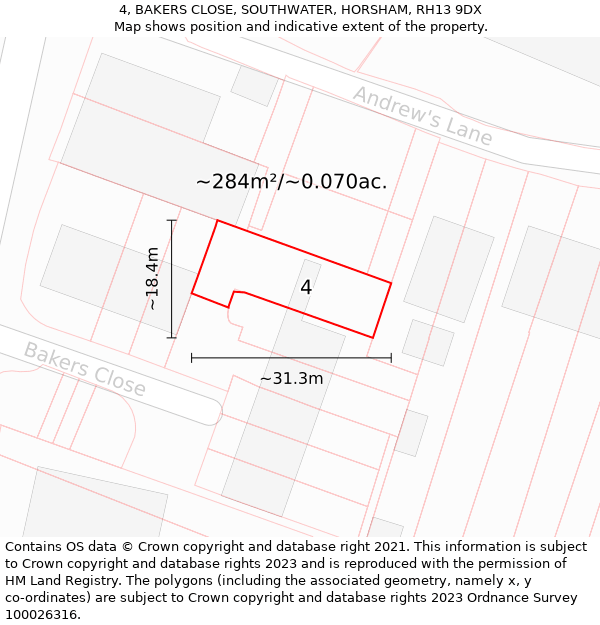 4, BAKERS CLOSE, SOUTHWATER, HORSHAM, RH13 9DX: Plot and title map