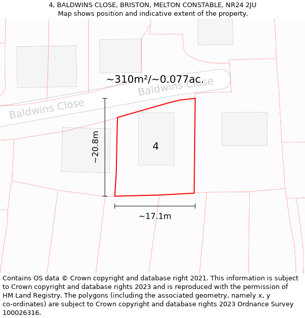 4, BALDWINS CLOSE, BRISTON, MELTON CONSTABLE, NR24 2JU: Plot and title map