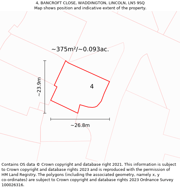 4, BANCROFT CLOSE, WADDINGTON, LINCOLN, LN5 9SQ: Plot and title map