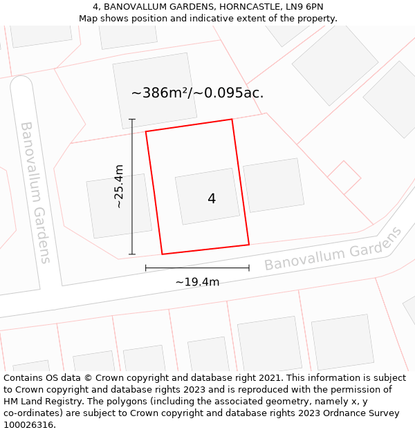 4, BANOVALLUM GARDENS, HORNCASTLE, LN9 6PN: Plot and title map