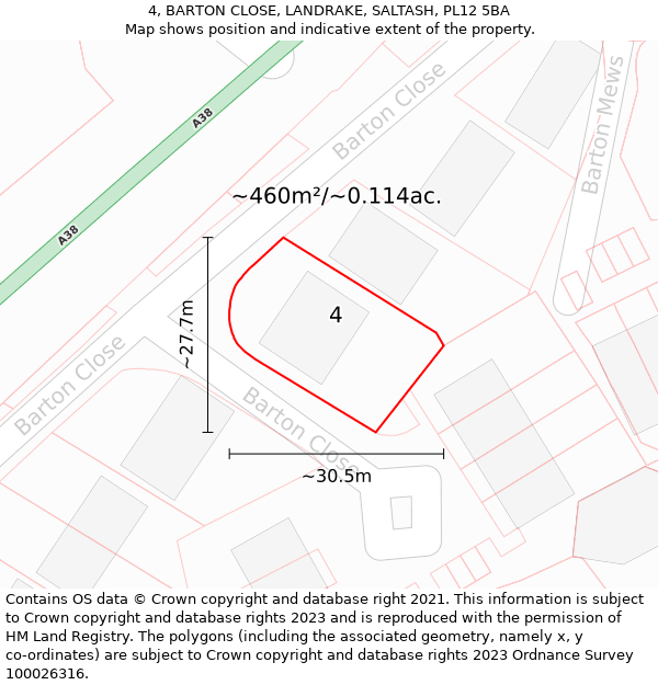 4, BARTON CLOSE, LANDRAKE, SALTASH, PL12 5BA: Plot and title map