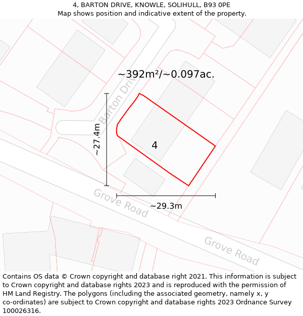 4, BARTON DRIVE, KNOWLE, SOLIHULL, B93 0PE: Plot and title map