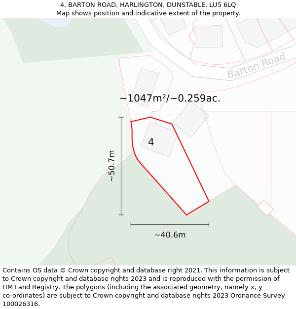 4, BARTON ROAD, HARLINGTON, DUNSTABLE, LU5 6LQ: Plot and title map