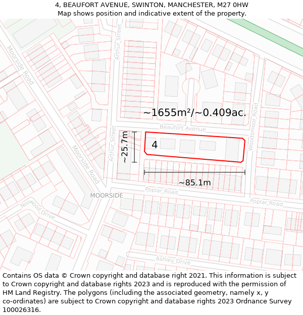 4, BEAUFORT AVENUE, SWINTON, MANCHESTER, M27 0HW: Plot and title map