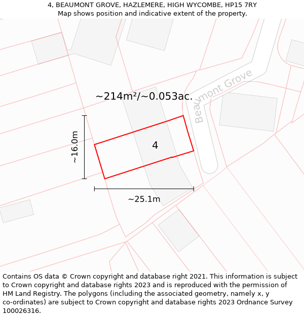 4, BEAUMONT GROVE, HAZLEMERE, HIGH WYCOMBE, HP15 7RY: Plot and title map