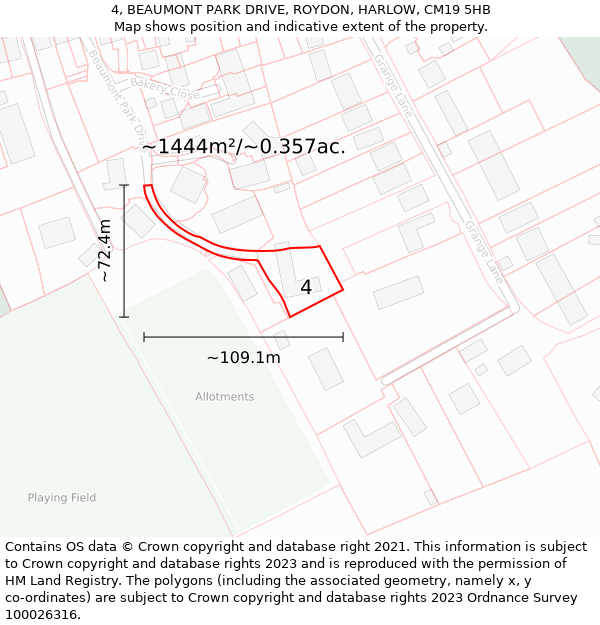 4, BEAUMONT PARK DRIVE, ROYDON, HARLOW, CM19 5HB: Plot and title map