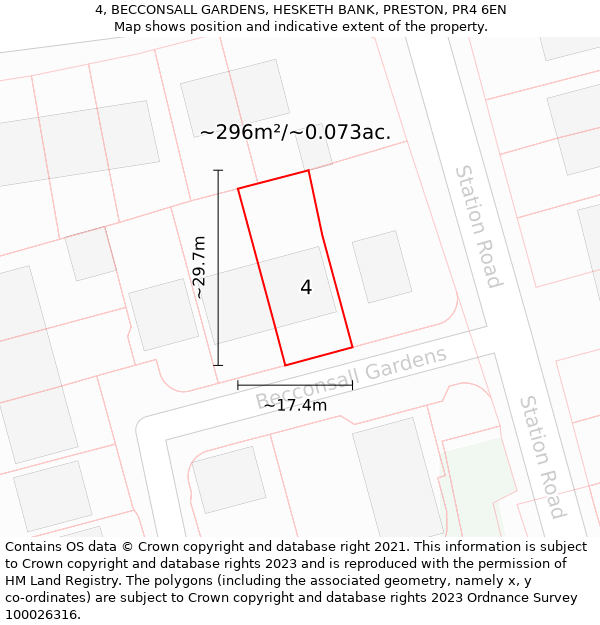 4, BECCONSALL GARDENS, HESKETH BANK, PRESTON, PR4 6EN: Plot and title map