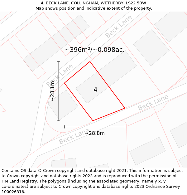 4, BECK LANE, COLLINGHAM, WETHERBY, LS22 5BW: Plot and title map