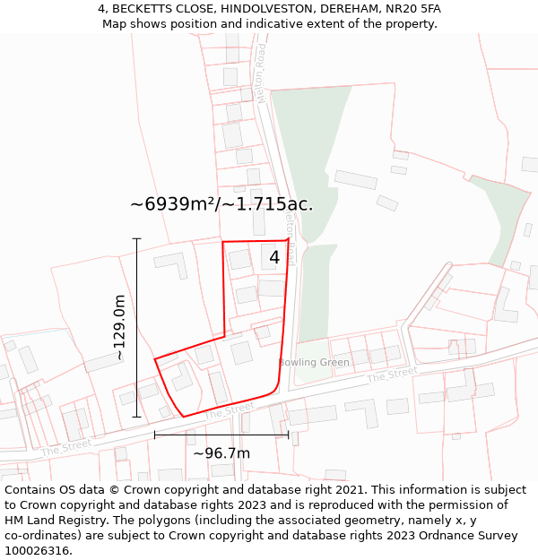 4, BECKETTS CLOSE, HINDOLVESTON, DEREHAM, NR20 5FA: Plot and title map