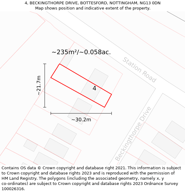 4, BECKINGTHORPE DRIVE, BOTTESFORD, NOTTINGHAM, NG13 0DN: Plot and title map