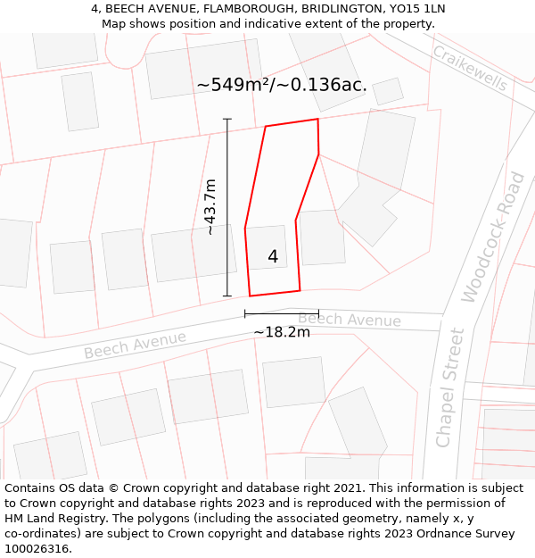 4, BEECH AVENUE, FLAMBOROUGH, BRIDLINGTON, YO15 1LN: Plot and title map