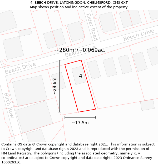 4, BEECH DRIVE, LATCHINGDON, CHELMSFORD, CM3 6XT: Plot and title map