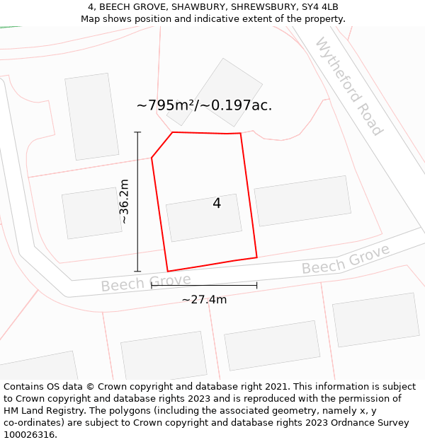 4, BEECH GROVE, SHAWBURY, SHREWSBURY, SY4 4LB: Plot and title map