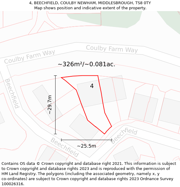 4, BEECHFIELD, COULBY NEWHAM, MIDDLESBROUGH, TS8 0TY: Plot and title map