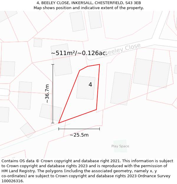 4, BEELEY CLOSE, INKERSALL, CHESTERFIELD, S43 3EB: Plot and title map