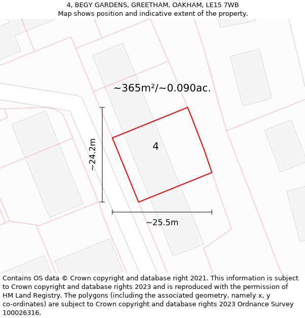 4, BEGY GARDENS, GREETHAM, OAKHAM, LE15 7WB: Plot and title map