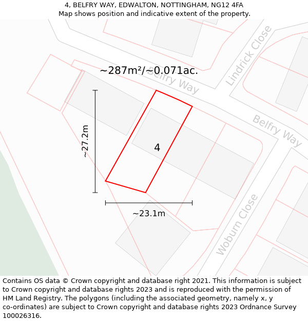 4, BELFRY WAY, EDWALTON, NOTTINGHAM, NG12 4FA: Plot and title map