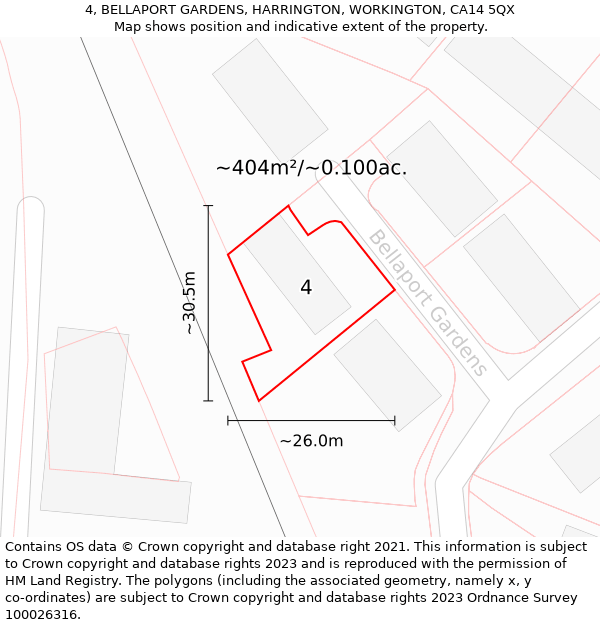 4, BELLAPORT GARDENS, HARRINGTON, WORKINGTON, CA14 5QX: Plot and title map