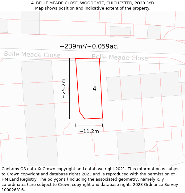 4, BELLE MEADE CLOSE, WOODGATE, CHICHESTER, PO20 3YD: Plot and title map