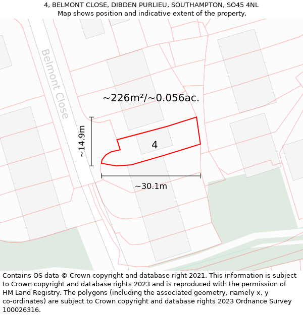 4, BELMONT CLOSE, DIBDEN PURLIEU, SOUTHAMPTON, SO45 4NL: Plot and title map