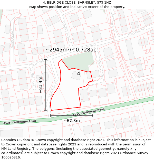 4, BELRIDGE CLOSE, BARNSLEY, S75 1HZ: Plot and title map