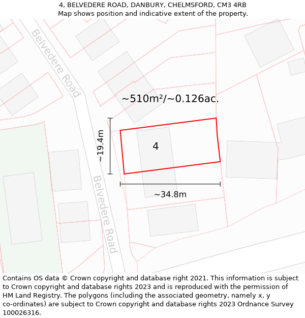 4, BELVEDERE ROAD, DANBURY, CHELMSFORD, CM3 4RB: Plot and title map